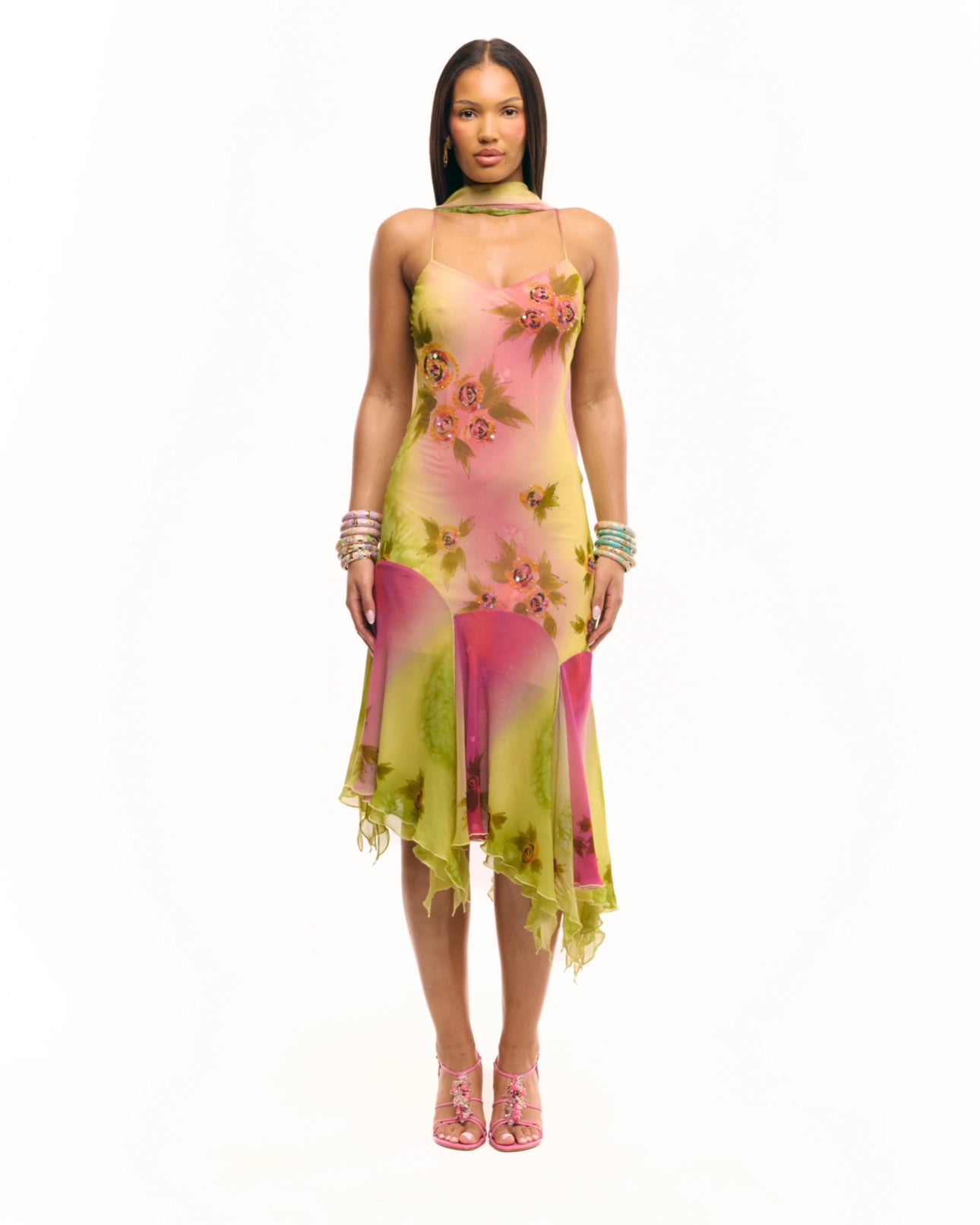 Cybersweeties Pinterest viral Colourful floral dress on a white background worn by 6kenza. Y2k, 2000s asymmetrical midi dress. The Coral beaded watercolour hand painted dress - prom - evening dress - cocktail dress.