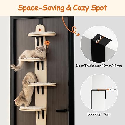Door Mounted Cat Tree - Cat Ladder with Removable Soft Mat - 4 Levels - for Indoor Cats (Wood, 170.7 x 59.4 x 21.3 cm (H x L x W)