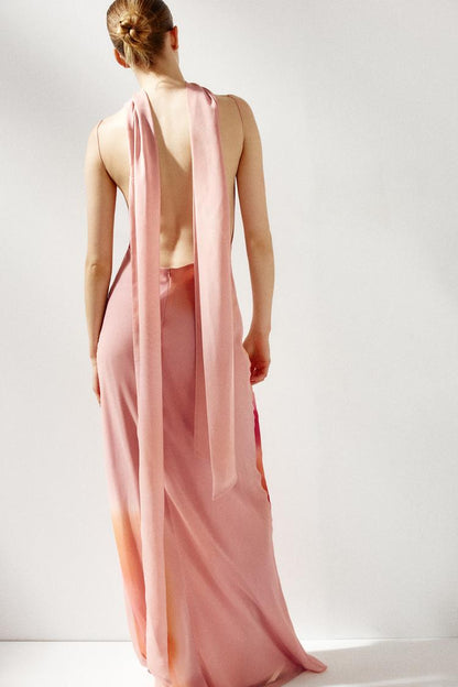 Backless Maxi Dress with Satin Scarf