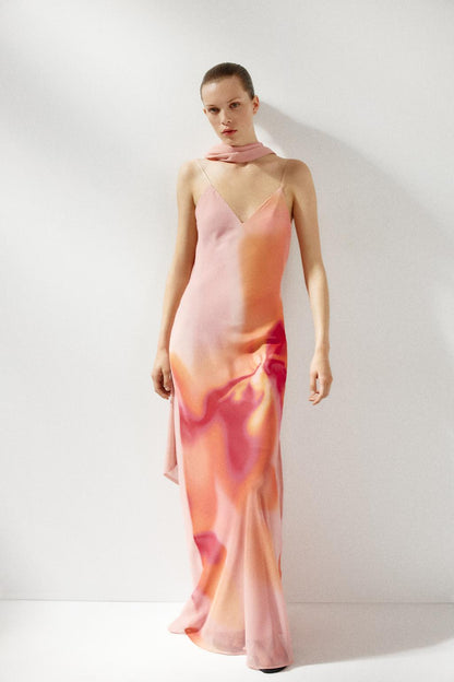 Backless Maxi Dress with Satin Scarf