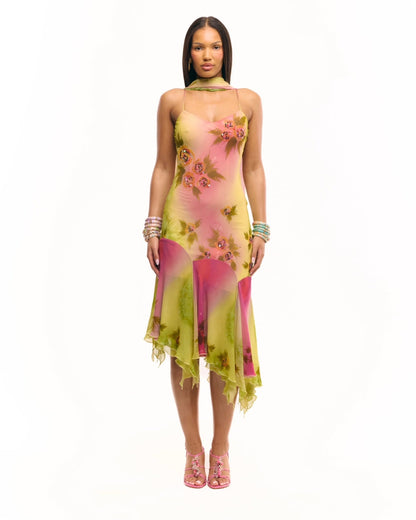Cybersweeties Pinterest viral Colourful floral dress on a white background worn by 6kenza. Y2k, 2000s asymmetrical midi dress.  The Coral beaded watercolour hand painted dress - prom - evening dress - cocktail dress.