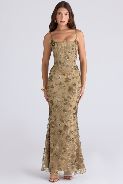 Nina olive bronze hand beaded embellished corset maxi dress - Limited Edition