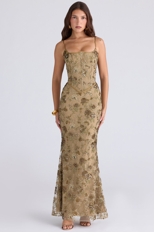 Nina olive bronze hand beaded embellished corset maxi dress - Limited Edition