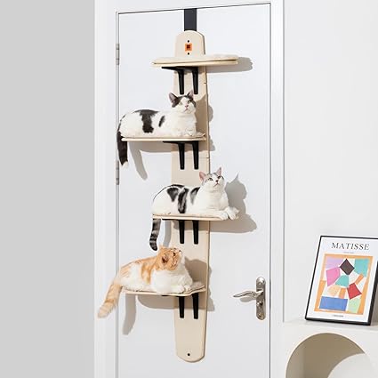 Door Mounted Cat Tree - Cat Ladder with Removable Soft Mat - 4 Levels - for Indoor Cats (Wood, 170.7 x 59.4 x 21.3 cm (H x L x W)