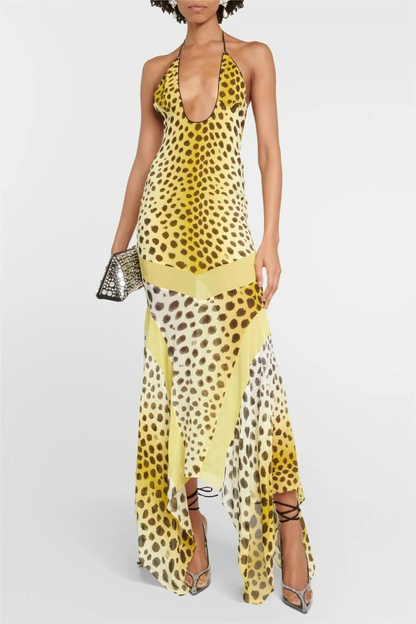 Leopard Print Halter Neck Maxi Dress