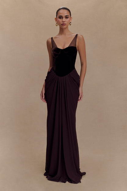 Roselia Velvet Corset Maxi Dress - Cacao Brown Limited Edition