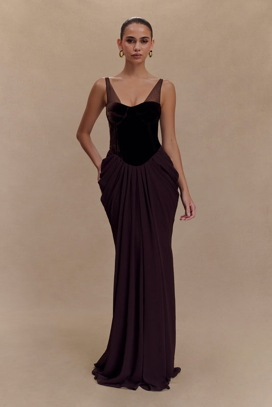 Roselia Velvet Corset Maxi Dress - Cacao Brown Limited Edition
