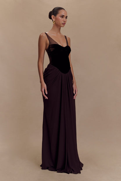 Roselia Velvet Corset Maxi Dress - Cacao Brown Limited Edition