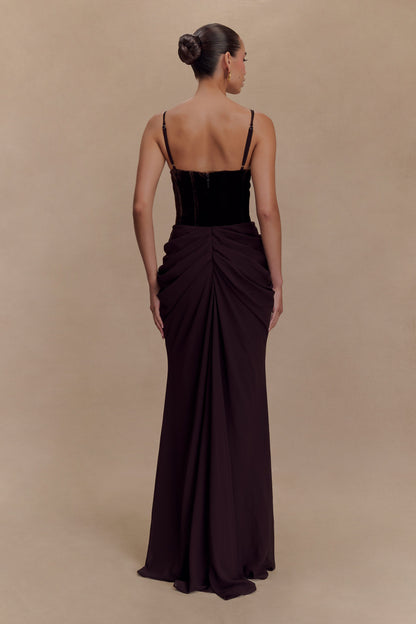Roselia Velvet Corset Maxi Dress - Cacao Brown Limited Edition