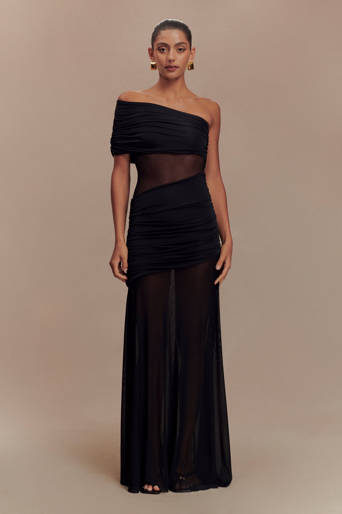 Onyx One Shoulder Mesh Maxi Dress