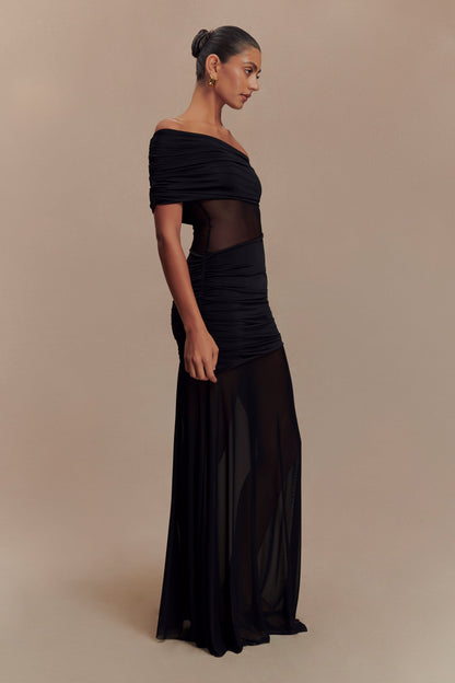 Onyx One Shoulder Mesh Maxi Dress