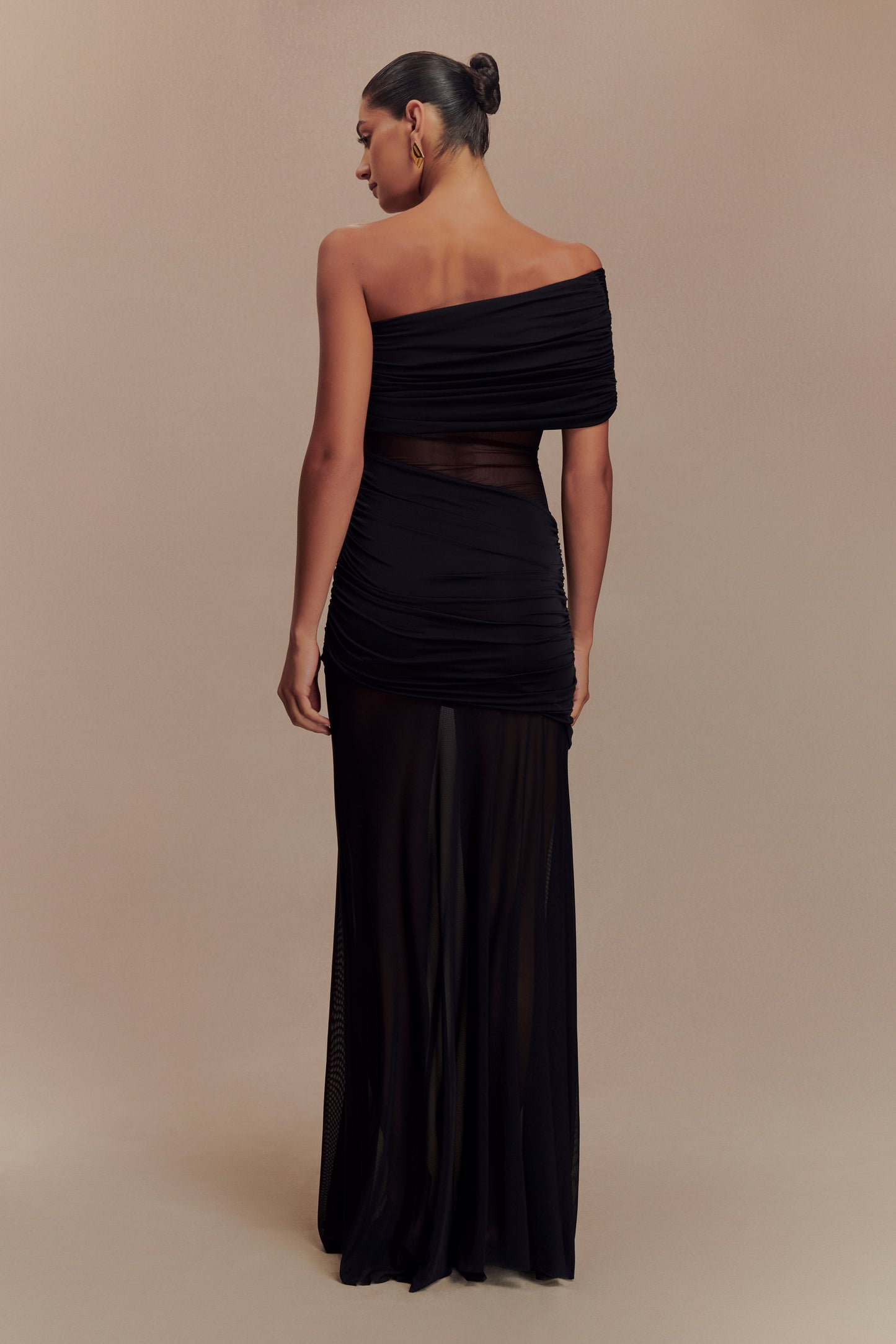 Onyx One Shoulder Mesh Maxi Dress