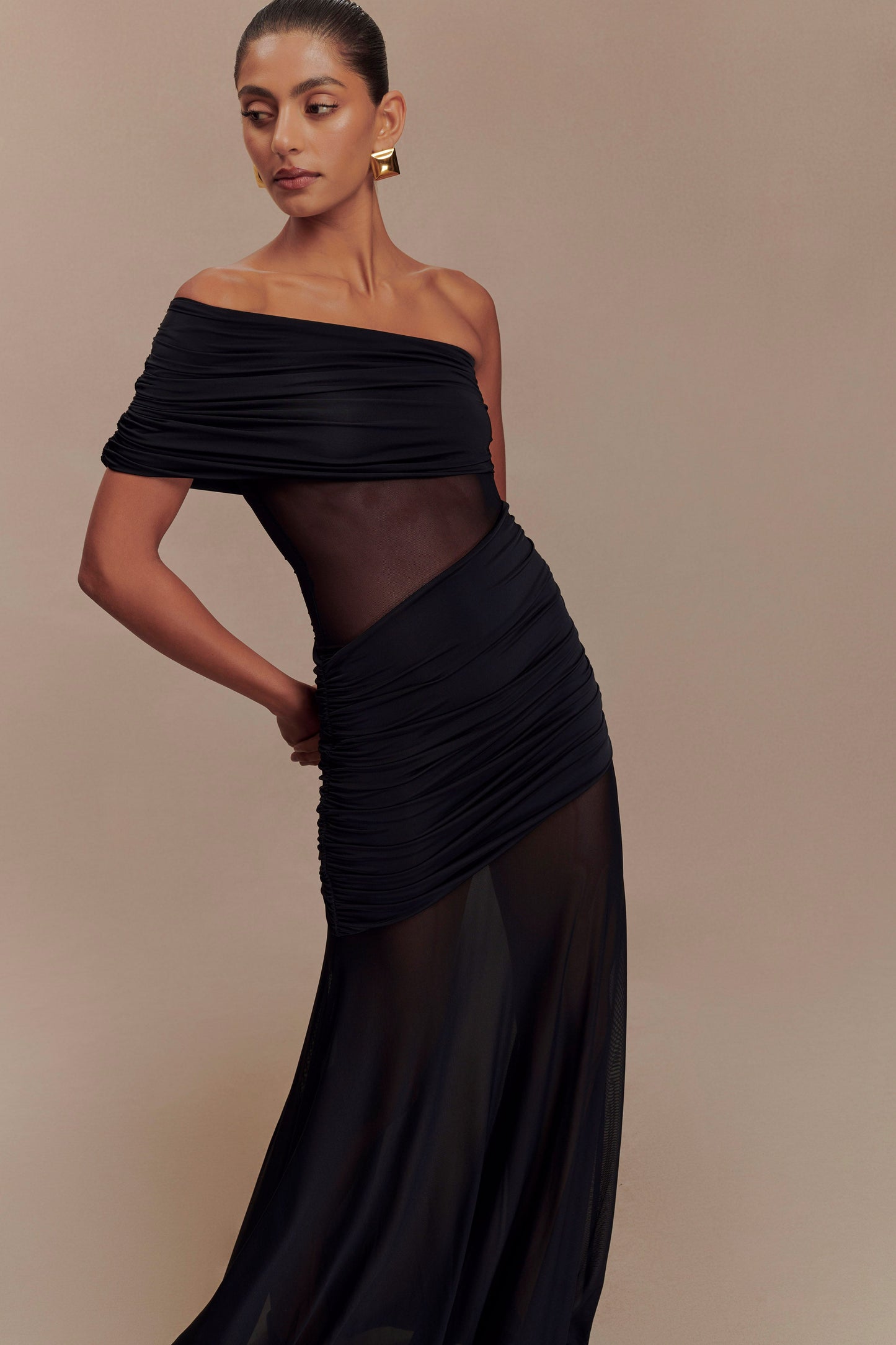 Onyx One Shoulder Mesh Maxi Dress