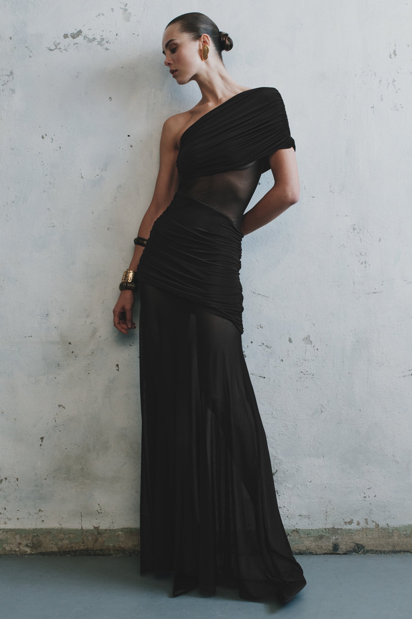Onyx One Shoulder Mesh Maxi Dress