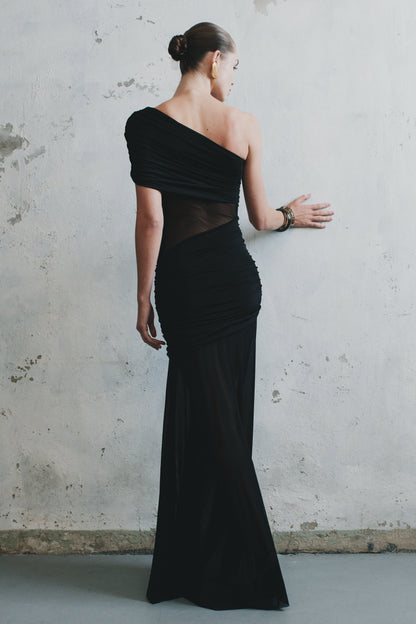 Onyx One Shoulder Mesh Maxi Dress