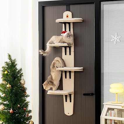 Door Mounted Cat Tree - Cat Ladder with Removable Soft Mat - 4 Levels - for Indoor Cats (Wood, 170.7 x 59.4 x 21.3 cm (H x L x W)