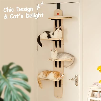 Door Mounted Cat Tree - Cat Ladder with Removable Soft Mat - 4 Levels - for Indoor Cats (Wood, 170.7 x 59.4 x 21.3 cm (H x L x W)
