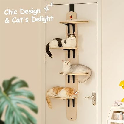 Door Mounted Cat Tree - Cat Ladder with Removable Soft Mat - 4 Levels - for Indoor Cats (Wood, 170.7 x 59.4 x 21.3 cm (H x L x W)