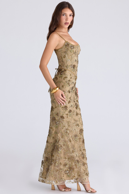 Nina olive bronze hand beaded embellished corset maxi dress - Limited Edition