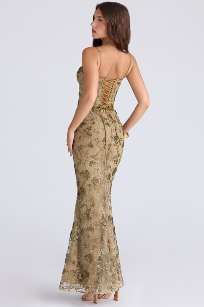 Nina olive bronze hand beaded embellished corset maxi dress - Limited Edition