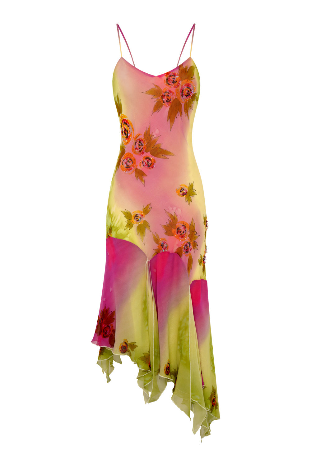Cybersweeties Pinterest viral Colourful floral dress on a white background worn by 6kenza. Y2k, 2000s asymmetrical midi dress.  The Coral beaded watercolour hand painted dress - prom - evening dress - cocktail dress.