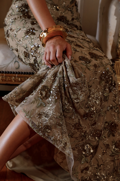 Nina olive bronze hand beaded embellished corset maxi dress - Limited Edition