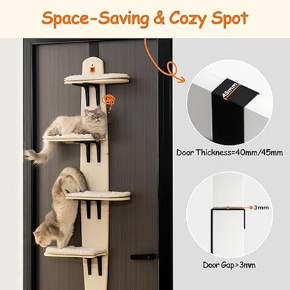Door Mounted Cat Tree - Cat Ladder with Removable Soft Mat - 4 Levels - for Indoor Cats (Wood, 170.7 x 59.4 x 21.3 cm (H x L x W)