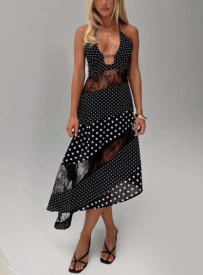 front view of model wearing Princess Polly Down With Love Asymmetrical Midi Dress Black / White Polka Plunger 