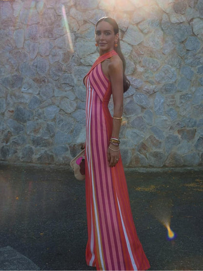 Sunset Samba Cross-Halter Stripe Dress