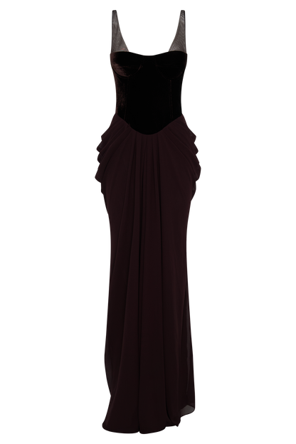 Roselia Velvet Corset Maxi Dress - Cacao Brown Limited Edition