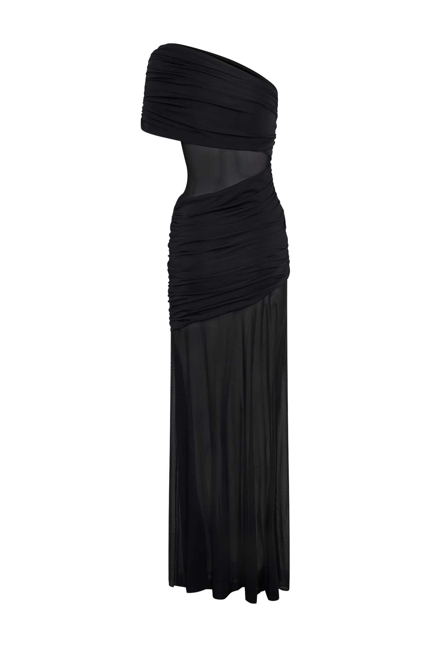 Onyx One Shoulder Mesh Maxi Dress