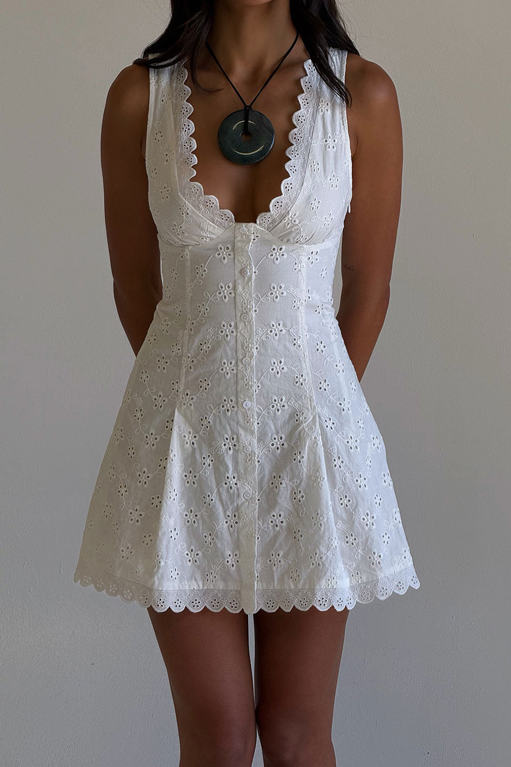 BELLA HADID Farm Eyelet Mini Dress Salt Air Eyelet